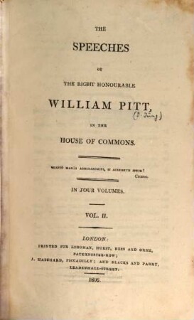 The speeches of ... William Pitt in the House of Commons : in four volumes, 2