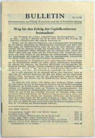 Illegales Informationsblatt der KPD "Bulletin" u.a. mit einer Erklärung des Politikers Max Reimann im Deutschen Freiheitssender 904 zur bevorstehenden zweiten außenpolitischen Bundestagsdebatte über die atomare Aufrüstung der Bundeswehr