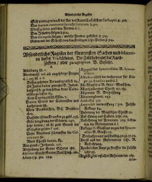Absonderlichs-Register der fürnemsten Sachen und Materien dieses Tractätleins.