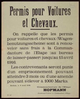 "Permis pour Voitures et Chevaux" (Aufforderung zur Erneuerung von Wagenbenutzungsscheinen) (No. 217)