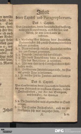 Inhalt derer Capitel und Paragrophorum.
