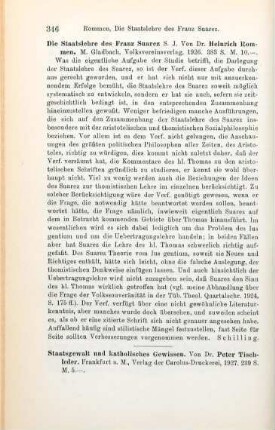 346 [Rezension] Rommen, Heinrich, Die Staatslehre des Franz Suarez S. J.