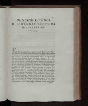 Benigno Lectori D. Johannes Aloysius Mingarellius
