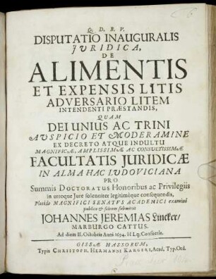 Disputatio Inauguralis Iuridica, De Alimentis Et Expensis Litis Adversario Litem Intendenti Praestandis
