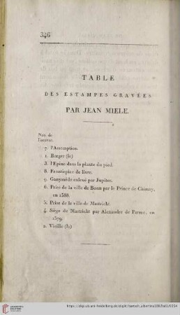 Table des estampes Gravées par Jean Miele