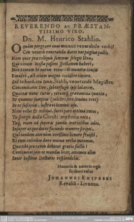 Reverendo Ac Praestantissimo Viro, Dn. M. Henrico Stahlio