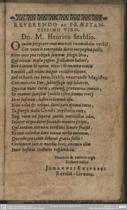 Reverendo Ac Praestantissimo Viro, Dn. M. Henrico Stahlio
