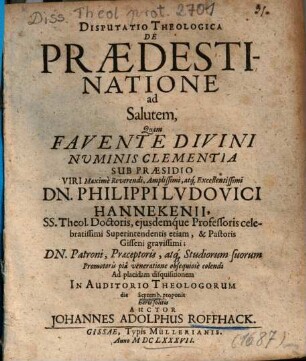 Disputatio Theologica De Praedestinatione ad Salutem