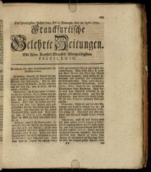 Num XXXI. Freytags, den 18. April. 1755 - Num. XL. Dienstags, den 20. May. 1755