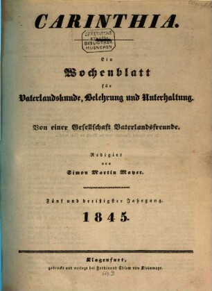Carinthia : Zeitschrift für Vaterlandskunde, Belehrung u. Unterhaltung. 35. 1845