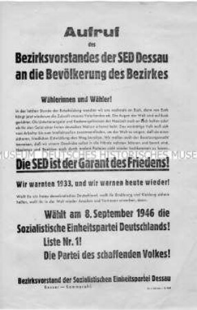 Wahlaufruf des SED-Bezirksvorstandes Dessau zu den Gemeindewahlen 1946