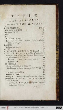 Table des articles contenus dans ce volume