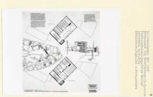 Fachschule für Hauswirtschaft, Berlin-Spandau (Diplomarbeit bei Karl Wilhelm Ochs): Schule, Hauptgebäude, Lageplan, Grundrisse 2. - 3. Obergeschoss 1:100 und Perspektivische Ansicht