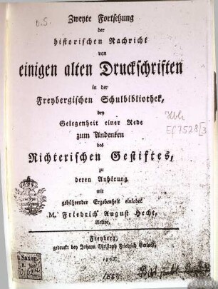Zweyte Fortsetzung der historischen Nachricht von einigen alten Druckschriften in der Freybergischen Schulbibliothek