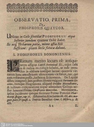 Observatio Prima, De Phosphoris Quatuor.