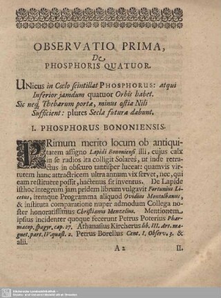 Observatio Prima, De Phosphoris Quatuor.