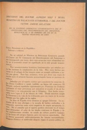Discurso en la ceremonia conmemorativa organizada por el Comité del IV Centenario del Descubrimiento del Amazonas