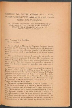 Discurso en la ceremonia conmemorativa organizada por el Comité del IV Centenario del Descubrimiento del Amazonas