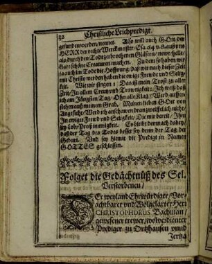 Folget die Gedächtnüß des Sel. Verstorbenen/