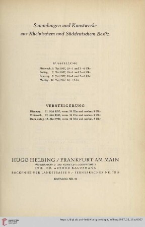 Nr. 51: Katalog / Hugo Helbing, Frankfurt am Main, Kunsthandlung und Kunstversteigerungshaus: Sammlungen und Kunstwerke aus rheinischem und süddeutschen Besitz : Versteigerung: Dienstag, 11. Mai 1937, Mitwoch, 12. Mai 1937, Donnerstag, 13. Mai 1937