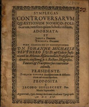 Symplegas Controversarum Quaestionum Nomico-Politicarum, tam foro quam Scholis utilium