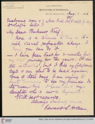 Brief von Edward Singleton Holden an Max Wolf: Brief von Edward Singleton Holden von Lick Observatory an Max Wolf