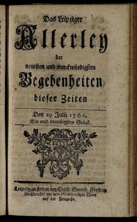 Den 29 Julii 1760. Ein und dreyßigstes Stück.