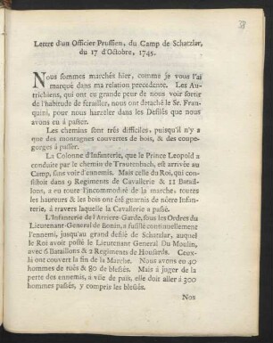 Lettre d'un Officier Prussien, du Camp de Schatzlar, du 17 d'Octobre, 1745