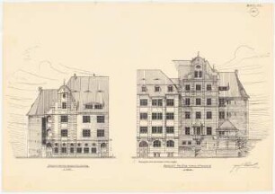 Mehrfamilienwohnhaus am Burgtor, Lübeck. Mit Bierlokal, Biergarten, Kegelbahn etc.: Aufriss Ansicht der beiden Schmalseiten 1:100