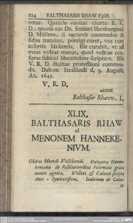 XLIX. Balthasaris Rhaw ad Menonem Hannekenium