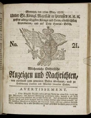 No. 21. Montags, den 26ten May, 1766.