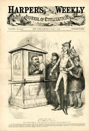 General Grant's Sedan? [Anschließend folgt ein Textblock] : Ulysses Grant sitzt in einer Sänfte und bittet Deutsch-Amerikaner unter Tränen darum, ihn zu tragen. Diese weigern sich