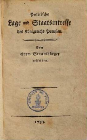 Politische Lage und Staatsintresse des Königreichs Preußen