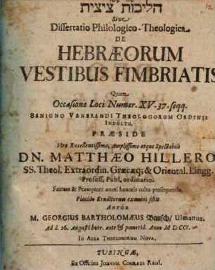 Dissertatio philologico-theologica de Hebraeorum vestibus fimbriatis