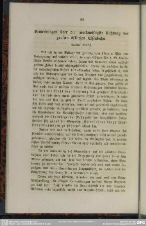 Bemerkungen über die zweckmäßigste Richtung der großen östlichen Eisenbahn. Zweiter Artikel
