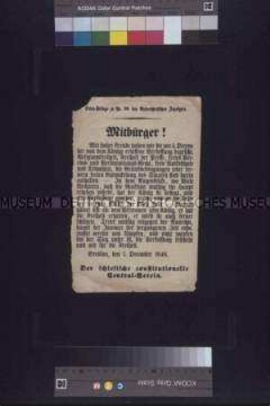 Zeitungsbeilage: Mitbürger! Stellungnahme des schlesischen constitutionellen Central-Vereins zu der vom preußischen König am 5. Dezember 1848 erlassenen Verfassung. Extrablatt des Niederschlesischen Anzeigers; Breslau, 7. Dezember 1848