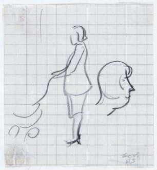 [o.T.]. Frau mit Kinderwagen, Kopf im Profil