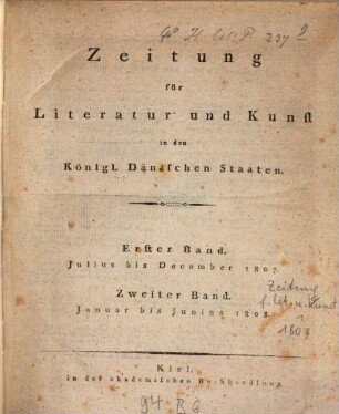 Zeitung für Literatur und Kunst in den Königl[ichen] Dänischen Staaten. 1, [1.] 1807