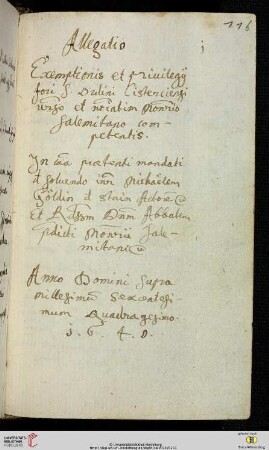 ‚Allegatio exemptionis et privilegii fori monasterio Salemitano competentis’, möglicherweise Abschrift von Cod. Sal. VII,11