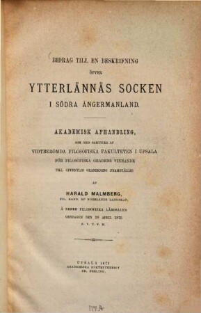 Bidrag till en beskrifning öfver Ytterlännäs socken i södra Ångermanland : Akademisk Afhandling