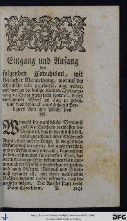 Eingang und Anfang des folgenden Catechismi.