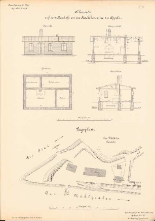 Kanalisierung der Oder Schleuse, Oppeln: Schmiede auf dem Bauhof: Ansicht, Grundriss, Schnitte 1:100, Lageplan 1:500