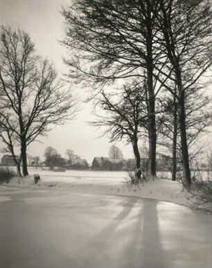 Winterlandschaft mit Bäumen und Blick auf ein Dorf (Seiffen-Heidelberg oder in Ullersdorf bei Dresden)