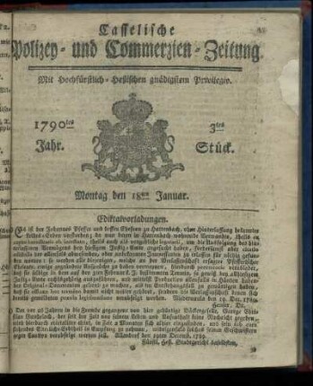 3tes Stueck, Montag den 18ten Januar. 1790