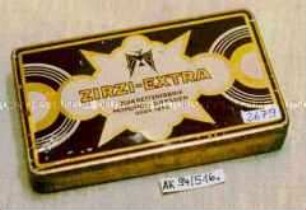 Blechdose für 25 Stück Zigaretten "ZIRZI-EXTRA" (Abbildung: Fledermaus, geometrische Ornamente)