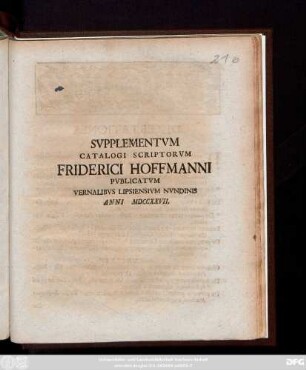Svpplementvm Catalogi Scriptorvm Friderici Hoffmanni Pvblicatvm Vernalibvs Lipsiensivm Nvndinis Anni MDCCXXVII.