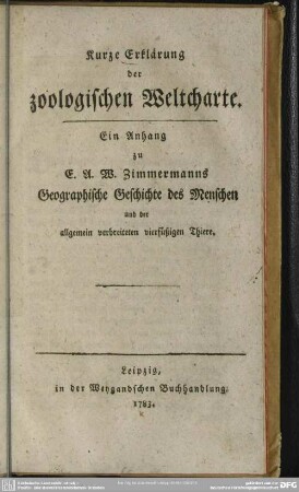 Kurze Erklärung der zoologischen Weltcharte