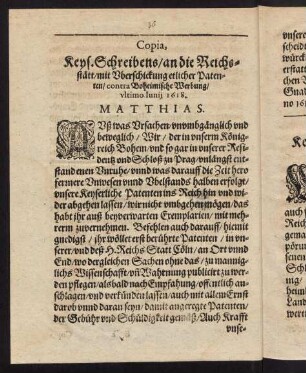 36-37, Copia, Keyserlichen Schreibens an die Reichsstätt mit Überschickung etliche Patenten