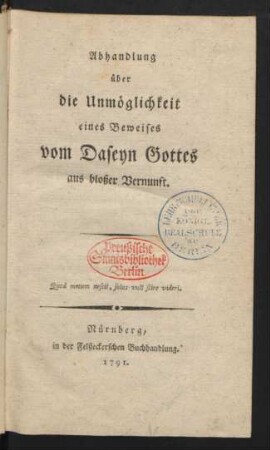 Abhandlung über die Unmöglichkeit eines Beweises vom Daseyn Gottes aus bloßer Vernunft