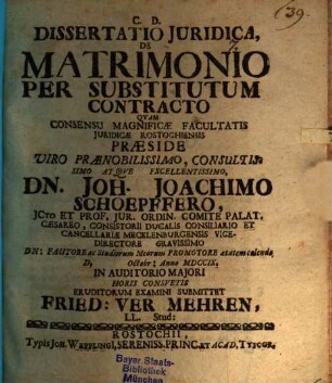 Dissertatio Juridica, De Matrimonio Per Substitutum Contracto